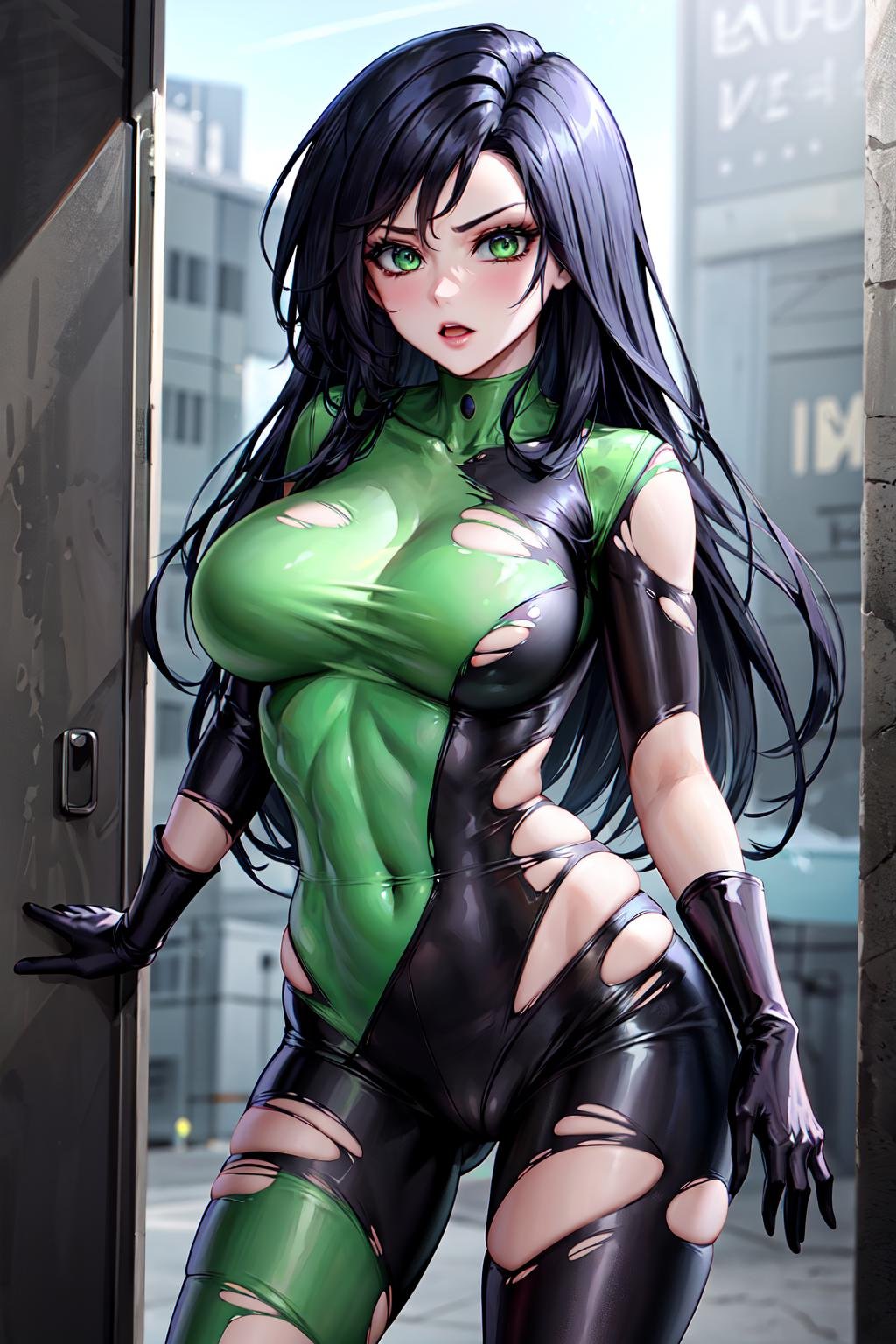 masterpiece, best quality, highres, sh1, green eyes, gloves, multicolored bodysuit, makeup, <lora:shego_v10:0.7>, standing, cowboy shot, (torn clothes:1.2), 