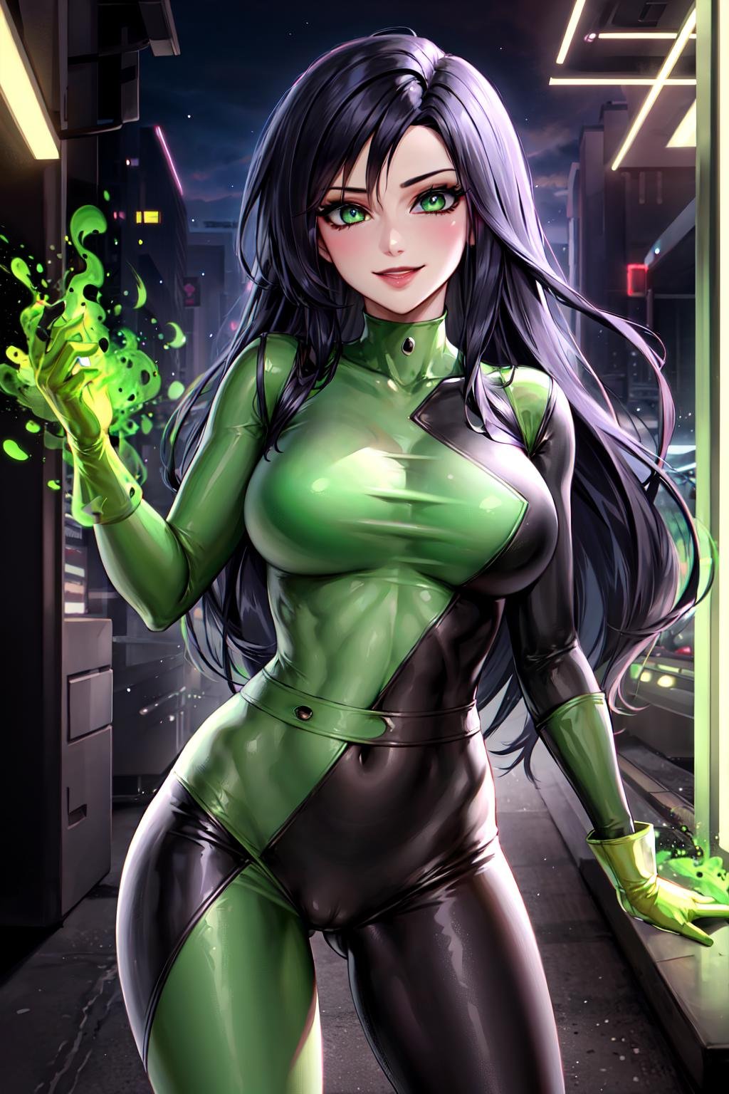 masterpiece, best quality, highres, sh1, green eyes, gloves, multicolored bodysuit, makeup, <lora:shego_v10:0.7>, cowboy shot, street, hand on, magic,  smile