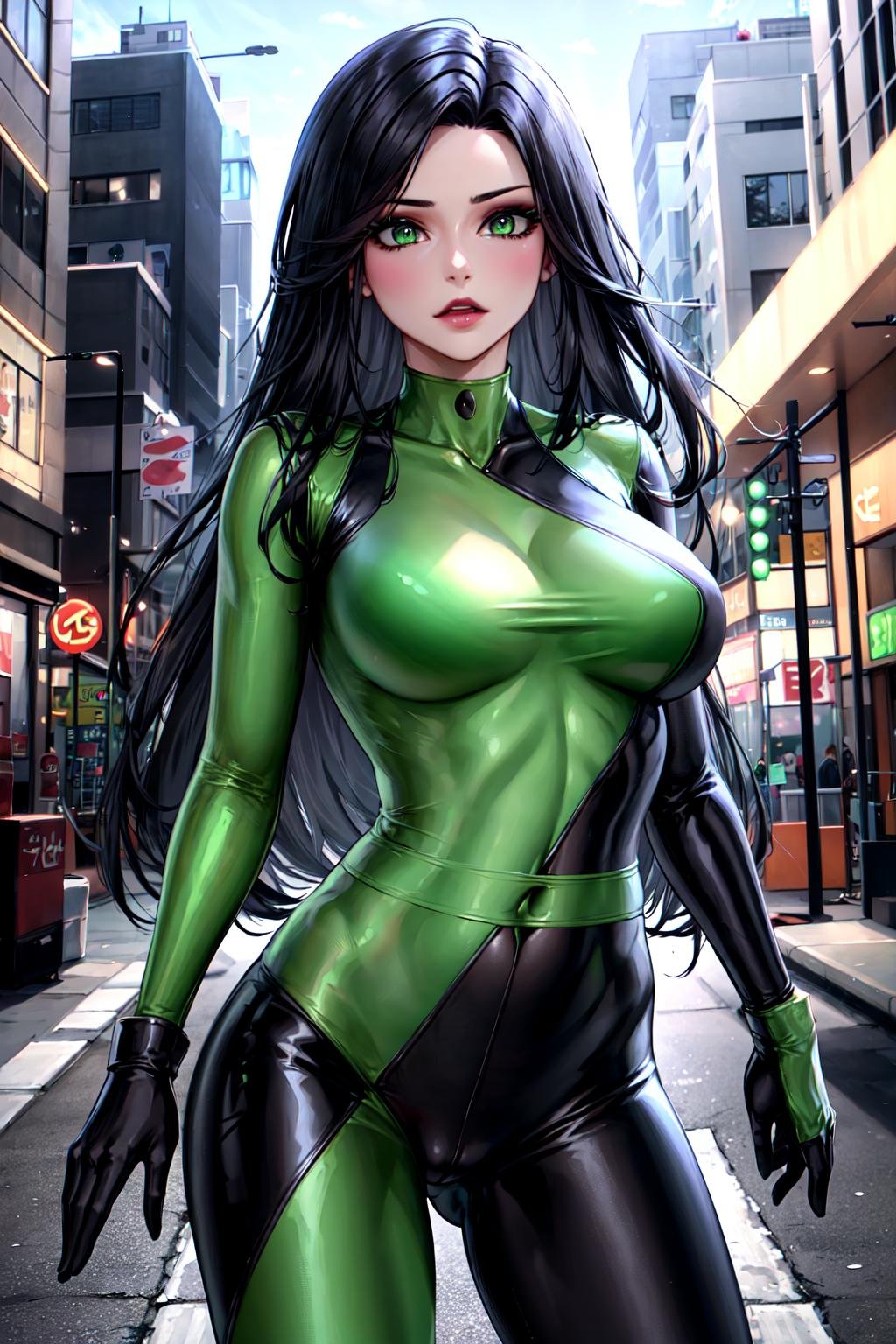 masterpiece, best quality, highres, sh1, green eyes, gloves, multicolored bodysuit, makeup, <lora:shego_v10:0.7>, cowboy shot, stadning, street, 