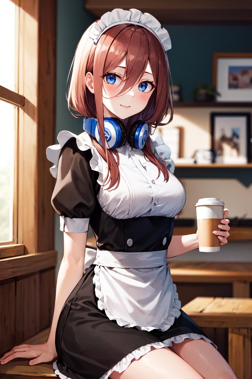 masterpiece, best quality, highres, nm1, maid, maid headdress, headphones around neck, <lora:nakano_miku_v10:0.7>, cowboy shot, sitting, coffee, indoors,