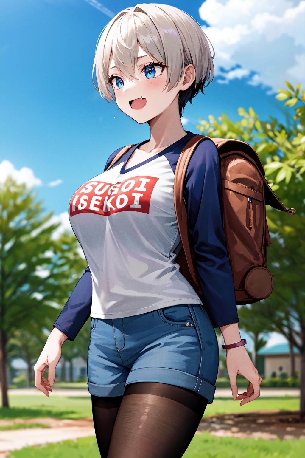 masterpiece, best quality, highres, uh1, shirt, raglan sleeves, romaji text, clothes writing, collarbone, long sleeves, denim shorts, pantyhose, fang, <lora:uzaki_hana:0.7>, cowboy shot, backpack, outdoors, 