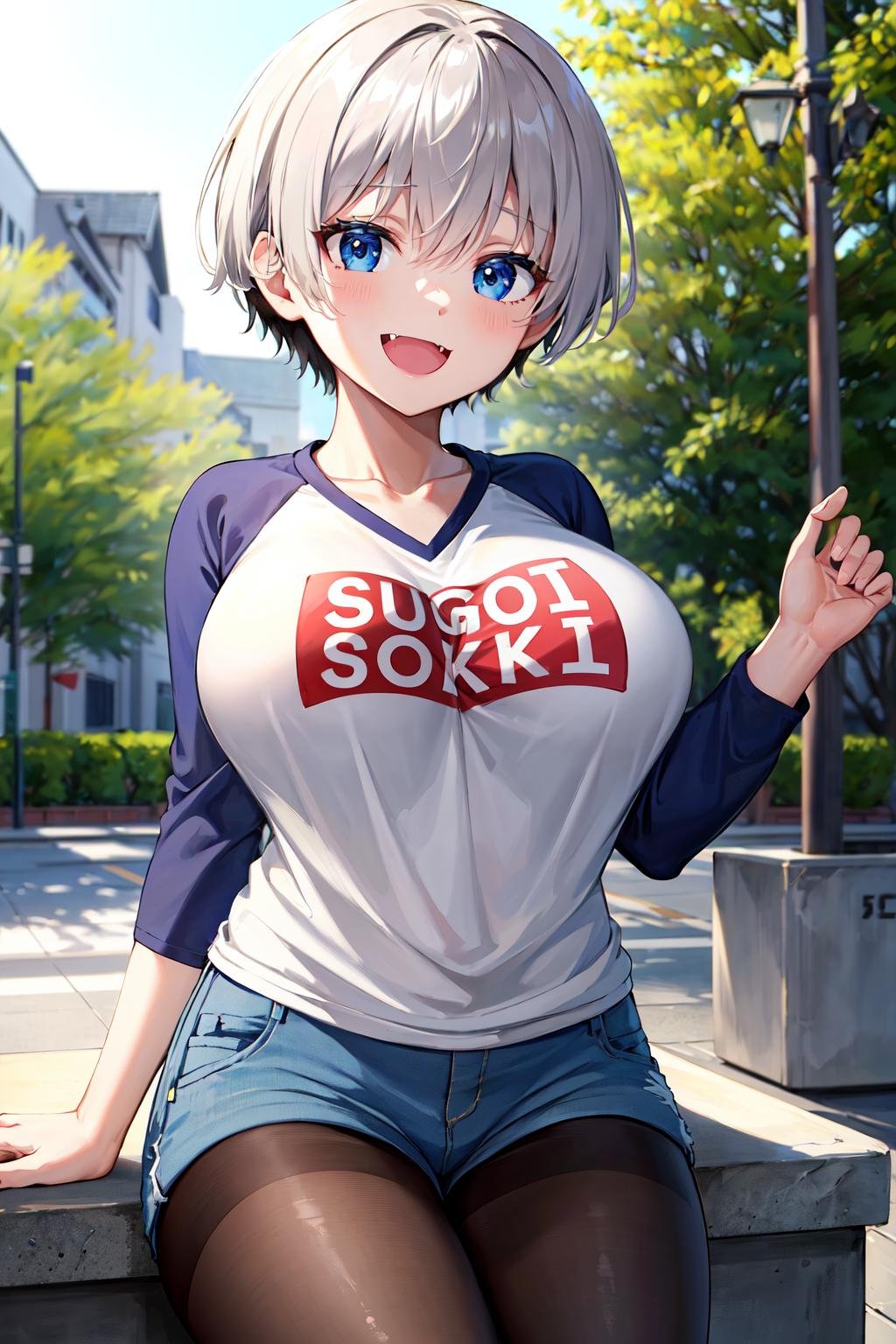 masterpiece, best quality, highres, uh1, shirt, raglan sleeves, romaji text, clothes writing, collarbone, long sleeves, denim shorts, pantyhose, smile, fang, <lora:uzaki_hana:0.7>