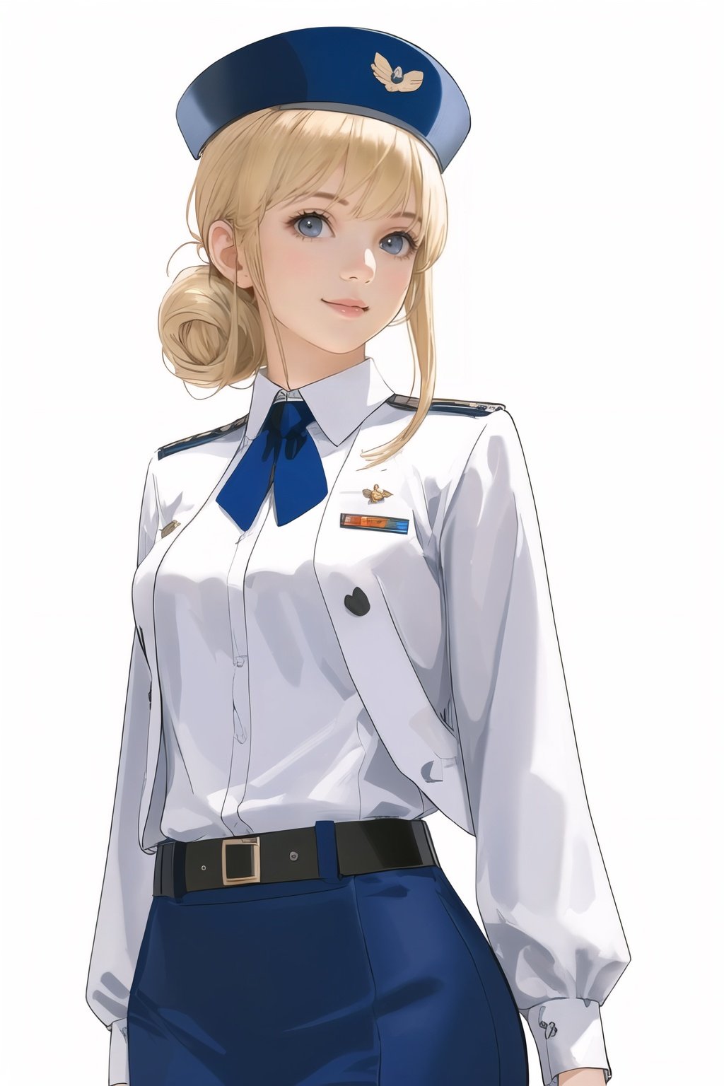 stewardess woman,21 years old,(white background:1.3),(upper body:1.2),subsurface scattering,smiling,hair bun,blonde hair,bangs,stewardess,dark blue uniform,garrison cap,pantyhose,white gloves,(airplane cabin),light smiling,((best detailed slender body)),(european idol, european beauty, european mixed),(wide hip:0.7, large breasts:0.8, perfect slender young girl body),(tall_image:1.3),Perfectly glossy skin,picture of a vivid,(masterpiece:1.2),(extremely detailed),(8k:1.1),(perfect lighting,best quality,highres,original),(realistic photography:1.4),(tall image:1.5),high detailed skin,shaded face,soft lighting,(small face),shiny_and_glossy_skin,RAW,ultra highres,pores visible,(ultra realistic quality,highres,original),(realistic:1.4),(tall image:1.5),high detailed skin,shaded face,soft lighting,(small face),shiny_and_glossy_skin,tone abs,depth of shadow