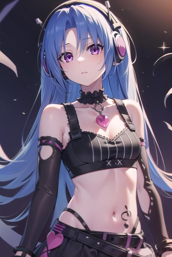 5pb, <lora:5pb-lora-nochekaiser:1>,5pb, blue hair, (purple eyes:1.1), long hair, (parted bangs:1.7), (small breasts:1.2),BREAK headphones, midriff, skirt, tattoo, black skirt, choker, belt, pink belt, bracelet, heart, heart necklace, musical note, musical note print, sleeveless, sleeveless dress, frills, frilled skirt,BREAK looking at viewer, upper body, fully body,BREAK outdoors,BREAK <lyco:GoodHands-beta2:1>, (masterpiece:1.2), best quality, high resolution, unity 8k wallpaper, (illustration:0.8), (beautiful detailed eyes:1.6), extremely detailed face, perfect lighting, extremely detailed CG, (perfect hands, perfect anatomy),