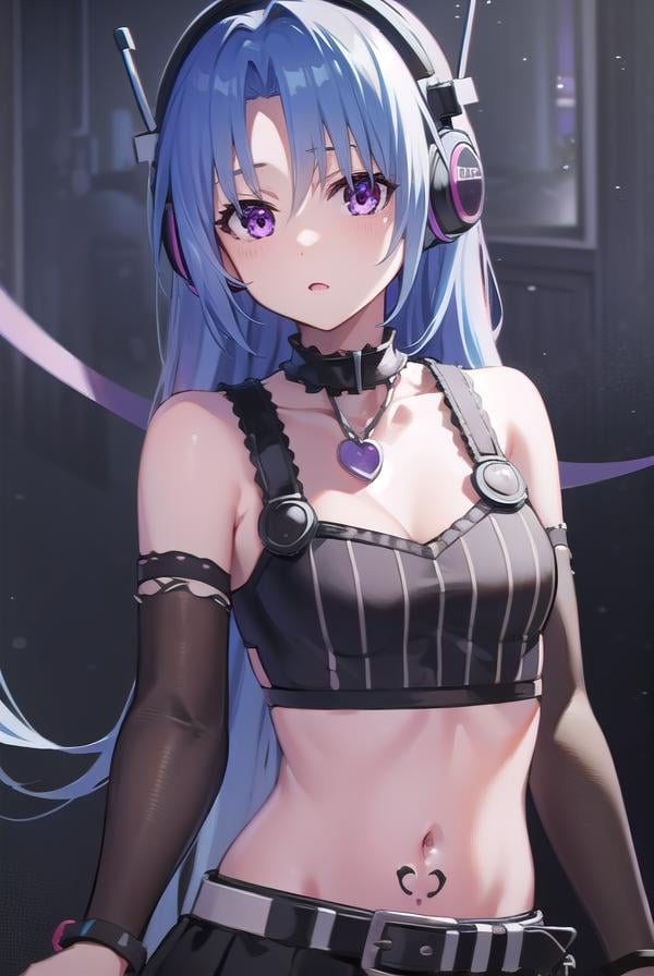 5pb, <lora:5pb-lora-nochekaiser:1>,5pb, blue hair, (purple eyes:1.1), long hair, (parted bangs:1.7), (small breasts:1.2),BREAK headphones, midriff, skirt, tattoo, black skirt, choker, belt, pink belt, bracelet, heart, heart necklace, musical note, musical note print, sleeveless, sleeveless dress, frills, frilled skirt,BREAK looking at viewer, upper body, fully body,BREAK outdoors,BREAK <lyco:GoodHands-beta2:1>, (masterpiece:1.2), best quality, high resolution, unity 8k wallpaper, (illustration:0.8), (beautiful detailed eyes:1.6), extremely detailed face, perfect lighting, extremely detailed CG, (perfect hands, perfect anatomy),