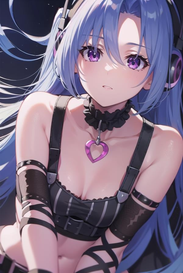 5pb, <lora:5pb-lora-nochekaiser:1>,5pb, blue hair, (purple eyes:1.1), long hair, (parted bangs:1.5), (small breasts:1.2),BREAK headphones, midriff, skirt, tattoo, black skirt, choker, belt, pink belt, bracelet, heart, heart necklace, musical note, musical note print, sleeveless, sleeveless dress, frills, frilled skirt,BREAK looking at viewer, upper body, fully body,BREAK outdoors,BREAK <lyco:GoodHands-beta2:1>, (masterpiece:1.2), best quality, high resolution, unity 8k wallpaper, (illustration:0.8), (beautiful detailed eyes:1.6), extremely detailed face, perfect lighting, extremely detailed CG, (perfect hands, perfect anatomy),