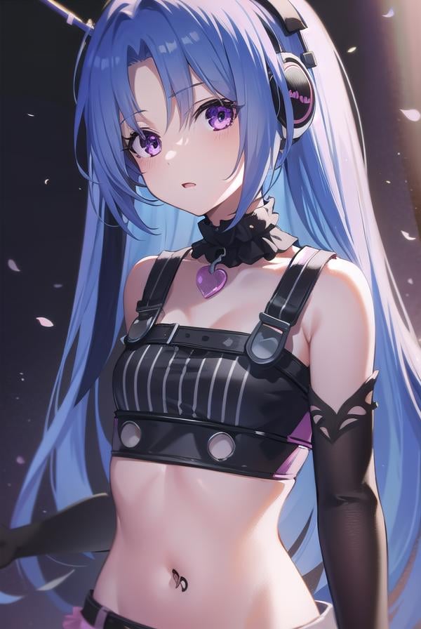 5pb, <lora:5pb-lora-nochekaiser:1>,5pb, blue hair, (purple eyes:1.1), long hair, (parted bangs:1.7), (small breasts:1.2),BREAK headphones, midriff, skirt, tattoo, black skirt, choker, belt, pink belt, bracelet, heart, heart necklace, musical note, musical note print, sleeveless, sleeveless dress, frills, frilled skirt,BREAK looking at viewer, upper body, fully body,BREAK outdoors,BREAK <lyco:GoodHands-beta2:1>, (masterpiece:1.2), best quality, high resolution, unity 8k wallpaper, (illustration:0.8), (beautiful detailed eyes:1.6), extremely detailed face, perfect lighting, extremely detailed CG, (perfect hands, perfect anatomy),