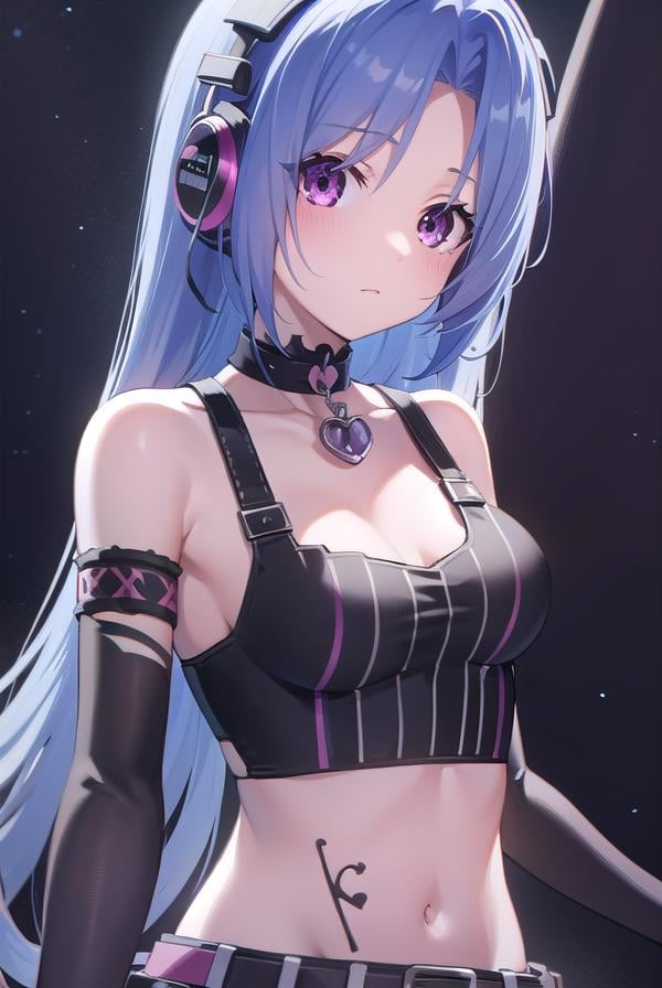 5pb, <lora:5pb-lora-nochekaiser:1>,5pb, blue hair, (purple eyes:1.1), long hair, (parted bangs:1.7), (small breasts:1.2),BREAK headphones, midriff, skirt, tattoo, black skirt, choker, belt, pink belt, bracelet, heart, heart necklace, musical note, musical note print, sleeveless, sleeveless dress, frills, frilled skirt,BREAK looking at viewer, upper body, fully body,BREAK outdoors,BREAK <lyco:GoodHands-beta2:1>, (masterpiece:1.2), best quality, high resolution, unity 8k wallpaper, (illustration:0.8), (beautiful detailed eyes:1.6), extremely detailed face, perfect lighting, extremely detailed CG, (perfect hands, perfect anatomy),