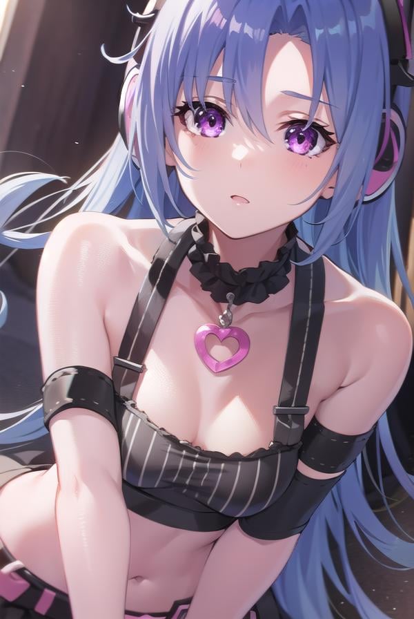 5pb, <lora:5pb-lora-nochekaiser:1>,5pb, blue hair, (purple eyes:1.1), long hair, (parted bangs:1.7), (small breasts:1.2),BREAK headphones, midriff, skirt, tattoo, black skirt, choker, belt, pink belt, bracelet, heart, heart necklace, musical note, musical note print, sleeveless, sleeveless dress, frills, frilled skirt,BREAK looking at viewer, upper body, fully body,BREAK outdoors,BREAK <lyco:GoodHands-beta2:1>, (masterpiece:1.2), best quality, high resolution, unity 8k wallpaper, (illustration:0.8), (beautiful detailed eyes:1.6), extremely detailed face, perfect lighting, extremely detailed CG, (perfect hands, perfect anatomy),