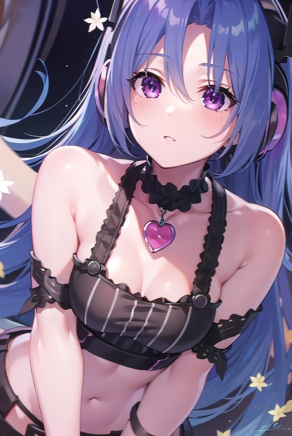 5pb, <lora:5pb-lora-nochekaiser:1>,5pb, blue hair, (purple eyes:1.1), long hair, (parted bangs:1.7), (small breasts:1.2),BREAK headphones, midriff, skirt, tattoo, black skirt, choker, belt, pink belt, bracelet, heart, heart necklace, musical note, musical note print, sleeveless, sleeveless dress, frills, frilled skirt,BREAK looking at viewer, upper body, fully body,BREAK outdoors,BREAK <lyco:GoodHands-beta2:1>, (masterpiece:1.2), best quality, high resolution, unity 8k wallpaper, (illustration:0.8), (beautiful detailed eyes:1.6), extremely detailed face, perfect lighting, extremely detailed CG, (perfect hands, perfect anatomy),