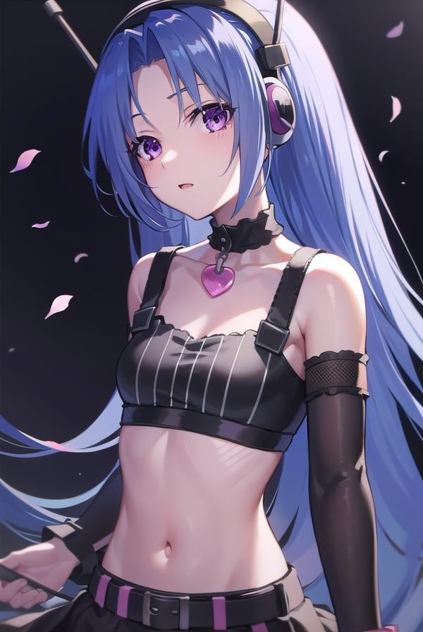 5pb, <lora:5pb-lora-nochekaiser:1>,5pb, blue hair, (purple eyes:1.1), long hair, (parted bangs:1.7), (small breasts:1.2),BREAK headphones, midriff, skirt, tattoo, black skirt, choker, belt, pink belt, bracelet, heart, heart necklace, musical note, musical note print, sleeveless, sleeveless dress, frills, frilled skirt,BREAK looking at viewer, upper body, fully body,BREAK outdoors,BREAK <lyco:GoodHands-beta2:1>, (masterpiece:1.2), best quality, high resolution, unity 8k wallpaper, (illustration:0.8), (beautiful detailed eyes:1.6), extremely detailed face, perfect lighting, extremely detailed CG, (perfect hands, perfect anatomy),