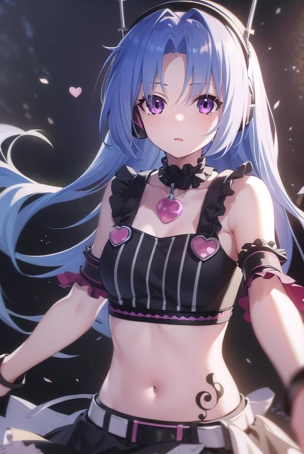 5pb, <lora:5pb-lora-nochekaiser:1>,5pb, blue hair, (purple eyes:1.1), long hair, (parted bangs:1.7), (small breasts:1.2),BREAK headphones, midriff, skirt, tattoo, black skirt, choker, belt, pink belt, bracelet, heart, heart necklace, musical note, musical note print, sleeveless, sleeveless dress, frills, frilled skirt,BREAK looking at viewer, upper body, fully body,BREAK outdoors,BREAK <lyco:GoodHands-beta2:1>, (masterpiece:1.2), best quality, high resolution, unity 8k wallpaper, (illustration:0.8), (beautiful detailed eyes:1.6), extremely detailed face, perfect lighting, extremely detailed CG, (perfect hands, perfect anatomy),