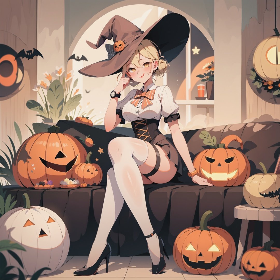  masterpiece, best quality, hat,witch hat,1girl, thighhighs, candy, food, blonde hair, high heels, striped, jack-o'-lantern, yellow eyes, double bun, bow, looking at viewer, bowtie, solo, stuffed toy, breasts, halloween, hair bun, stuffed animal, candy cane, striped thighhighs, teddy bear, pumpkin, shirt, puffy sleeves, star (symbol), white shirt, large breasts, lollipop, tongue, vertical stripes, tongue out, short hair, short sleeves, bangs, smile, skirt, :p, vertical-striped thighhighs, yellow bow, orange bow, lying, garter straps, puffy short sleeves, shoes, watch, bracelet, sitting, legs up, corset, hair between eyes, lips, shorts, glowing, cup, indoors, underbust, yellow bowtie, closed mouth, box, medium breasts, hair ornament