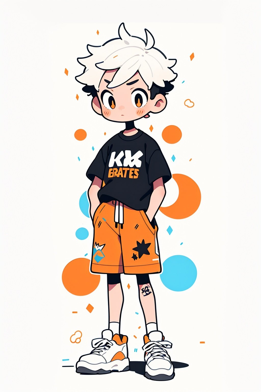 A boy with short white hair, black T-shirt, orange shorts, white sneakers, hands in pockets, white background, graffiti on the background,,simple details,<lora:doodlev2_test:0.8>,<lora:3D cartoon avatar_v1:0.5>,, masterpiece,high quality,