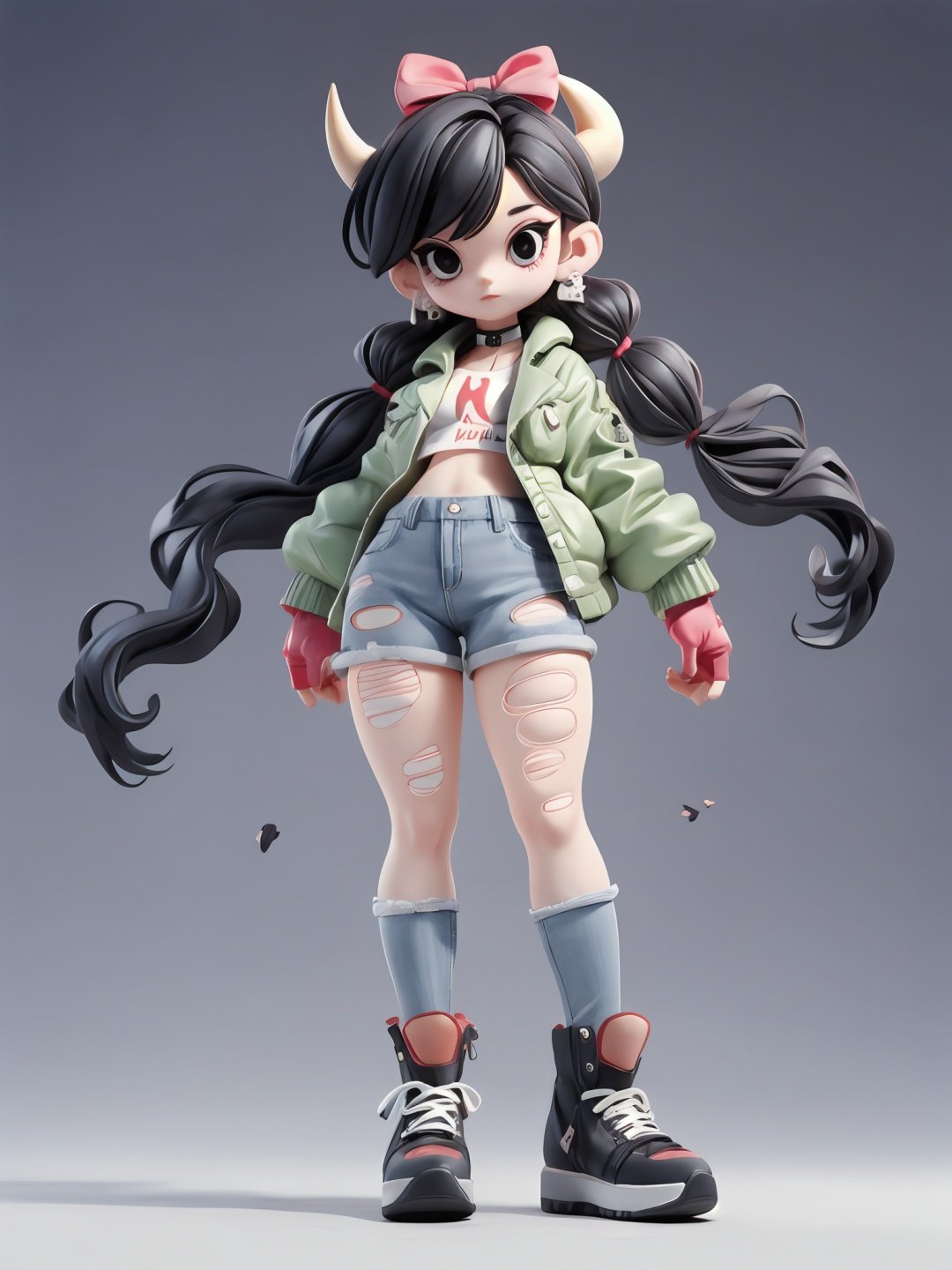 1girl,black eyes,black hair,black legwear,boots,bow,choker,earrings,full body,hair bow,heart,horns,jacket,jewelry,looking at viewer,medium hair,pants,pantyhose,shirt,shoes,skull,sneakers,spikes,standing,torn clothes,torn gloves,torn jacket,torn jeans,torn legwear,torn pants,torn shirt,torn shorts,torn skirt,torn sleeves,twintails,1 girl