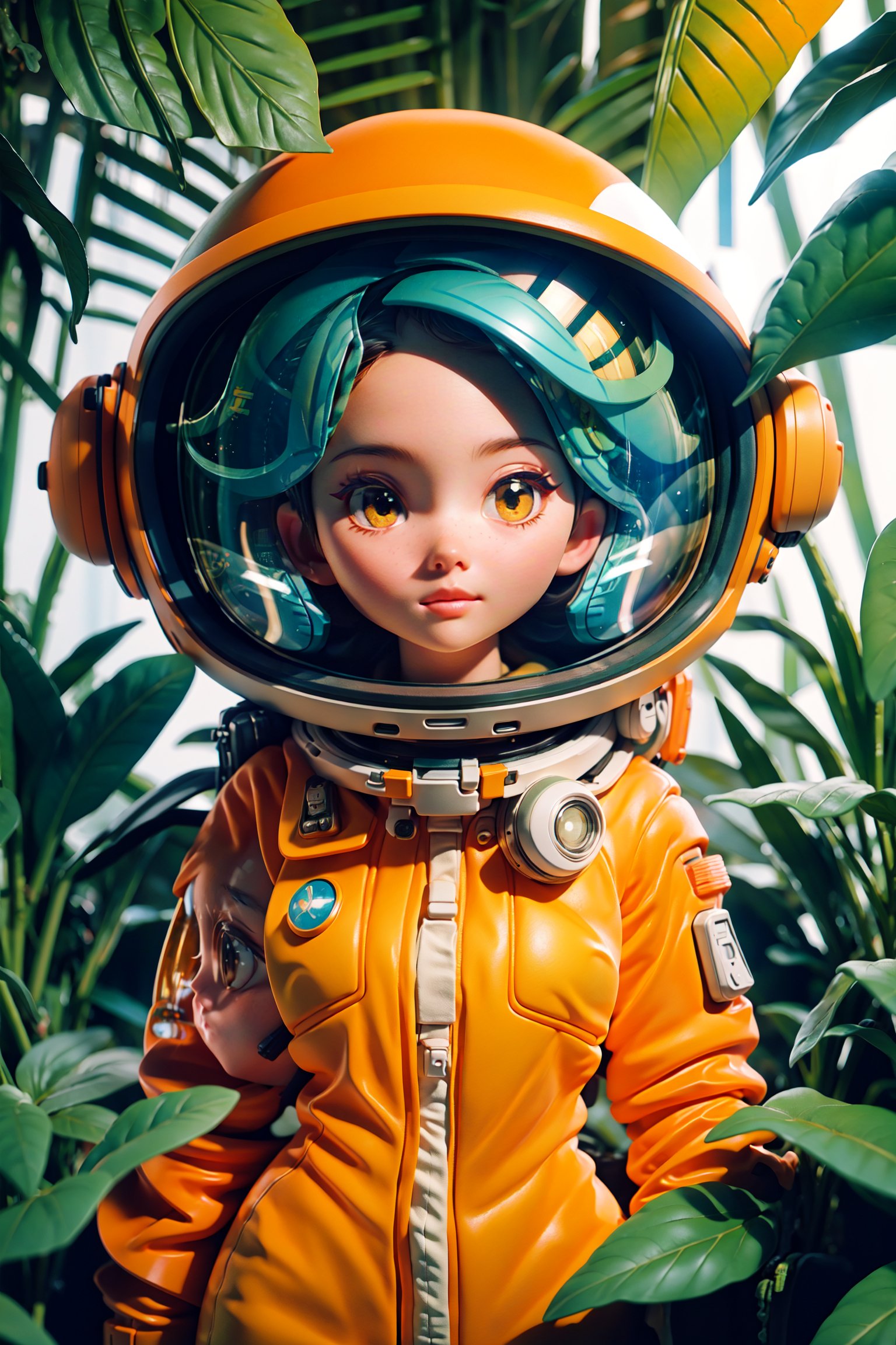  waist-up, muted photo portrait titled "female Astronaut in a Jungle", broken helmet tangerine, muted palette, muted colors, detailed, 8k, reflections,