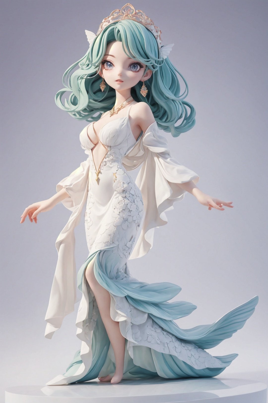 anime artwork pixar,3d style,toon,masterpiece,best quality,good shine,OC rendering,best quality,4K,super detail,1girl,((full body)),looking at viewer,standing,Elegant off-the-shoulder gown with a mermaid silhouette and intricate lace details,light grey background,clean background,anime style,key visual,vibrant,studio anime,highly detailed,Pallor