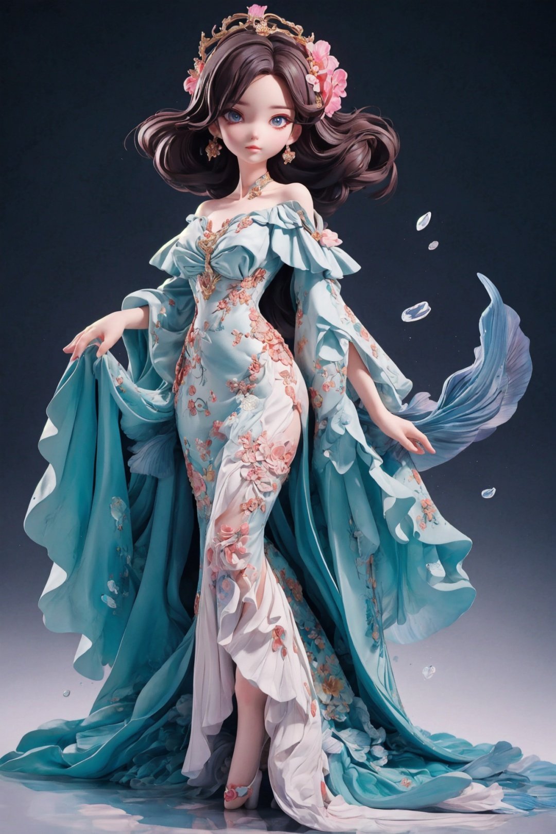 anime artwork pixar,3d style,toon,masterpiece,best quality,good shine,OC rendering,best quality,4K,super detail,1girl,((full body)),looking at viewer,standing,Elegant off-the-shoulder gown with a mermaid silhouette and intricate lace details,light grey background,clean background,anime style,key visual,vibrant,studio anime,highly detailed,Pallor