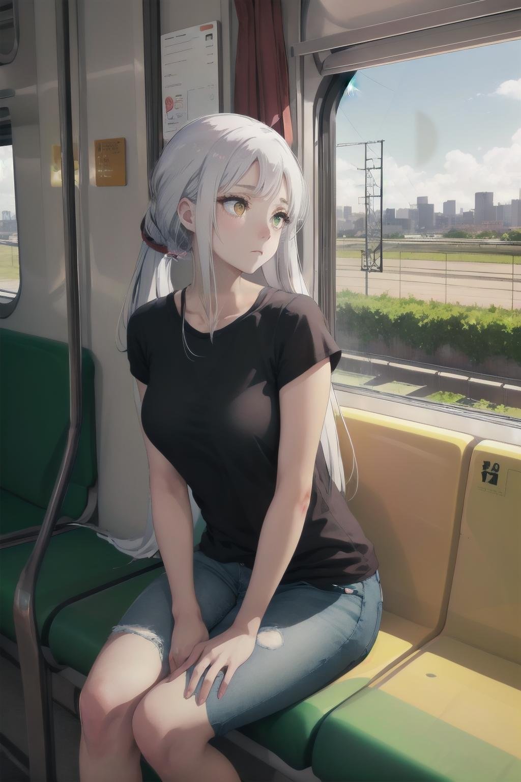 Evelyn1, <lora:Evelyn1:0.6>, Highly detailed, High Quality, Masterpiece, beautiful, long hair,  white hair,  green eyes, large breasts,  is sitting on a train bench, looking out the window. She is wearing a black shirt and jeans, with white sneakers. Her hair is pulled back in a ponytail and she has an expression of contemplation on her face. The sun shines through the window, illuminating her features and casting shadows across the room. Outside, there are trees and buildings passing by as the train moves along its route. In the background, there is a small bird perched atop another bench nearby - it has bright orange eyes that stand out against its white feathers. The girl continues to look out into the distance as if lost in thought - unaware of all that surrounds her yet still taking it all in at once.