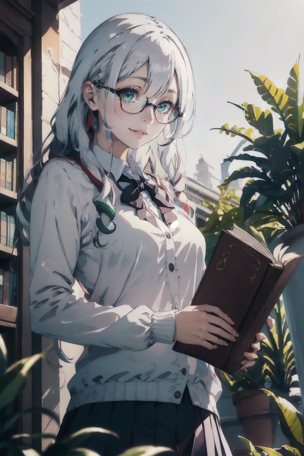 Evelyn1, <lora:Evelyn1:0.6>, Highly detailed, High Quality, Masterpiece, beautiful, long hair,  green eyes, 1girl, tinted hair, black hair, big smile, (upper body), medium breasts, school uniform, long sleeve, glasses, library scenery, potted plants, books, fresh air, (depth of field, blurry foreground, blurry background:1.2), light particles, (from below), white hair, 