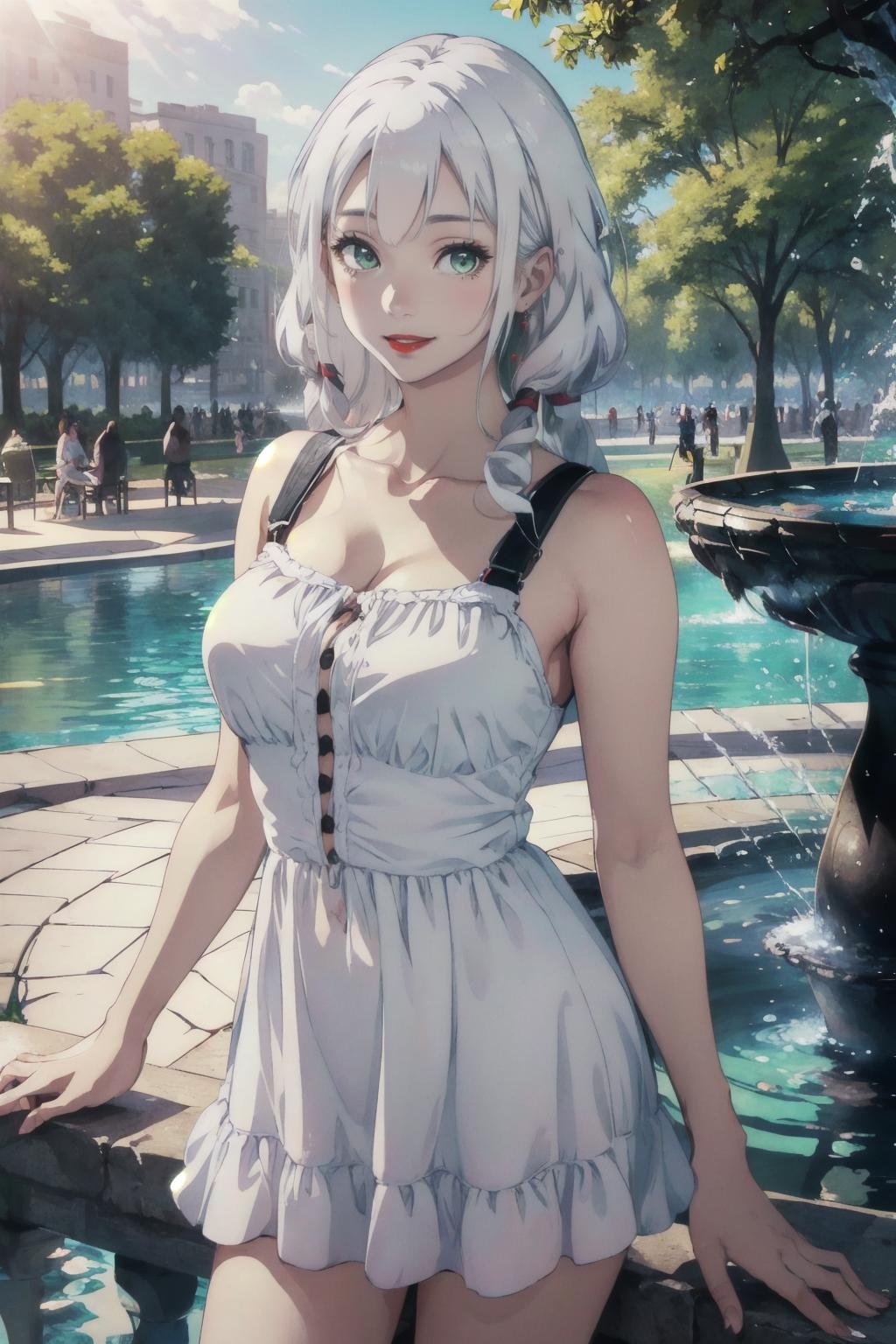 Evelyn1, <lora:Evelyn1:0.6>, Highly detailed, High Quality, Masterpiece, beautiful, long hair,  white hair,  green eyes, large breasts,  bright scene, sunlight, cowboy shot of beautiful lady in white sundress, short black hair, red lips, summer day, smiling, park, fountain, particles, tree