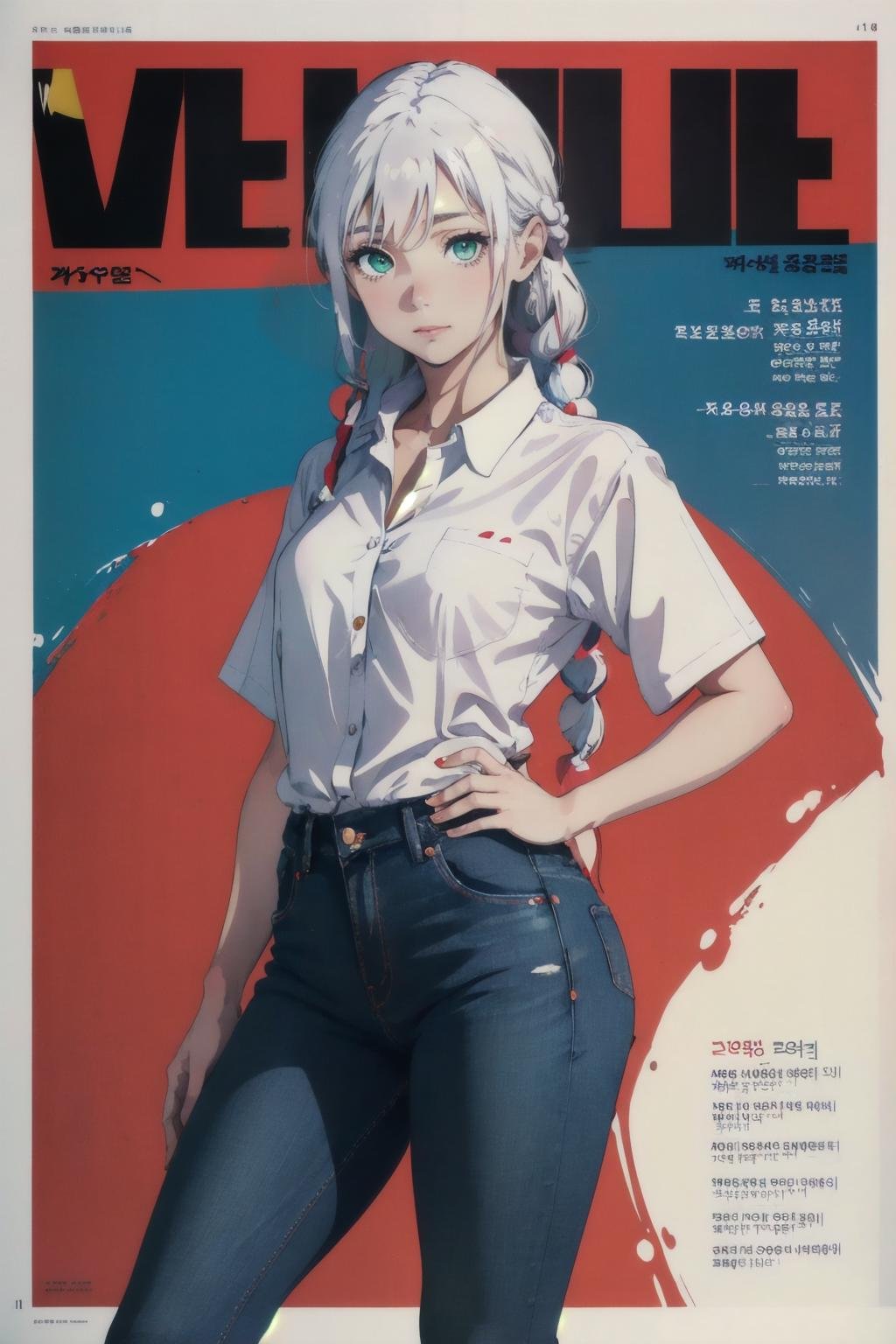 Evelyn1, <lora:Evelyn1:0.6>, Highly detailed, High Quality, Masterpiece, beautiful, long hair,  white hair,  green eyes, jeans, poster, pop art, magazine cover, red background, standing pose, hands on hips, white shirt, text, magazine, (magazine scan:1.2), japanese text, chinese text, korean tex