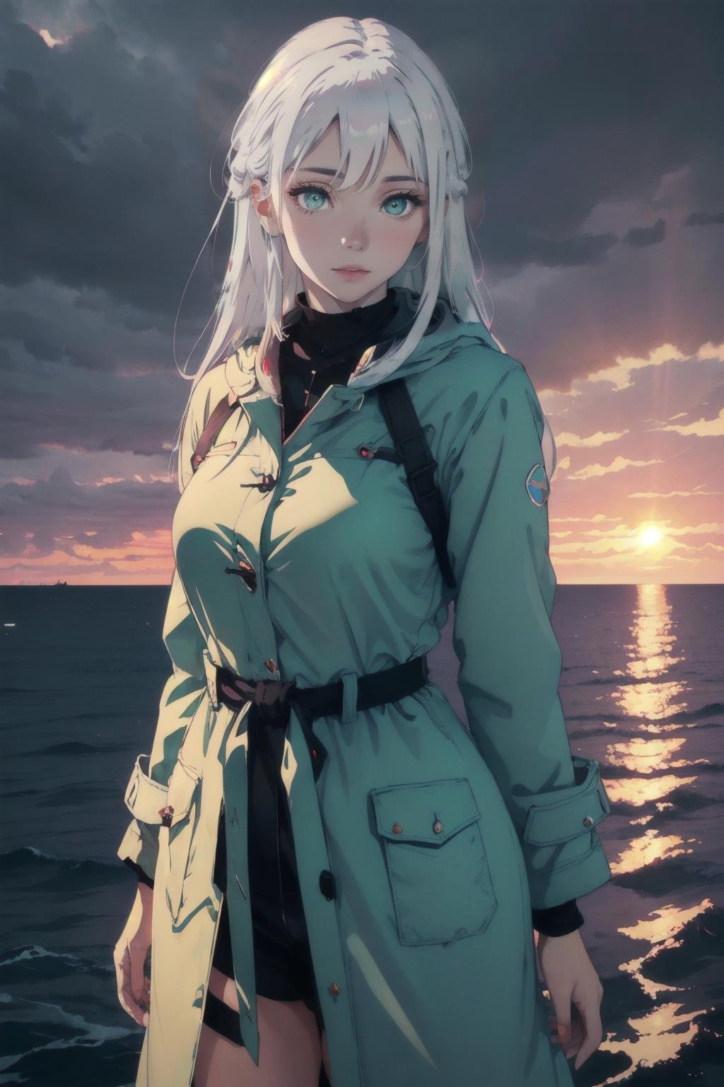 Evelyn1, <lora:Evelyn1:0.6>, Highly detailed, High Quality, Masterpiece, beautiful, long hair,  white hair,  green eyes, large breasts, cowboy shot, long green coat, eye focus, sea, storm, dark atmosphere, sunset, volumetric lighting, best quality, masterpiece, chromatic aberration, realistic, blurry background