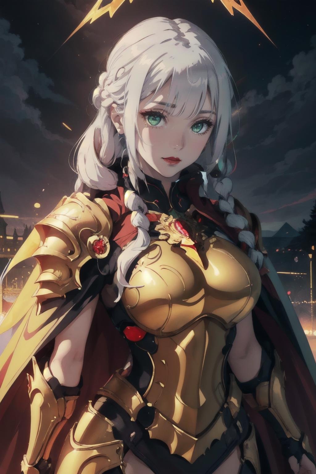 Evelyn1, <lora:Evelyn1:0.6>, Highly detailed, High Quality, Masterpiece, beautiful, long hair,  white hair,  green eyes, large breasts,  portrait of paladin lady in ornate armor, red lips, pauldrons, frills, muscular, cape, blonde hair, braid, glowing halo, night, particles, royal castle background, bokeh, yellow lightning, storm, dark clouds