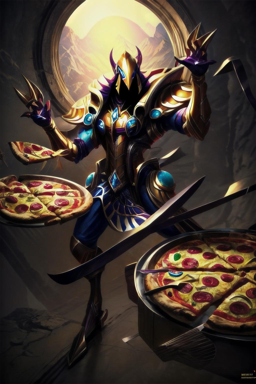 Highly detailed, High Quality, Masterpiece, beautiful, <lora:more_details:1>, <lora:Azir1-10:1.0>, azir1, 1boy, solo,  <lora:ManLevitatingPizza:0.7>, ManLevitatingPizza,