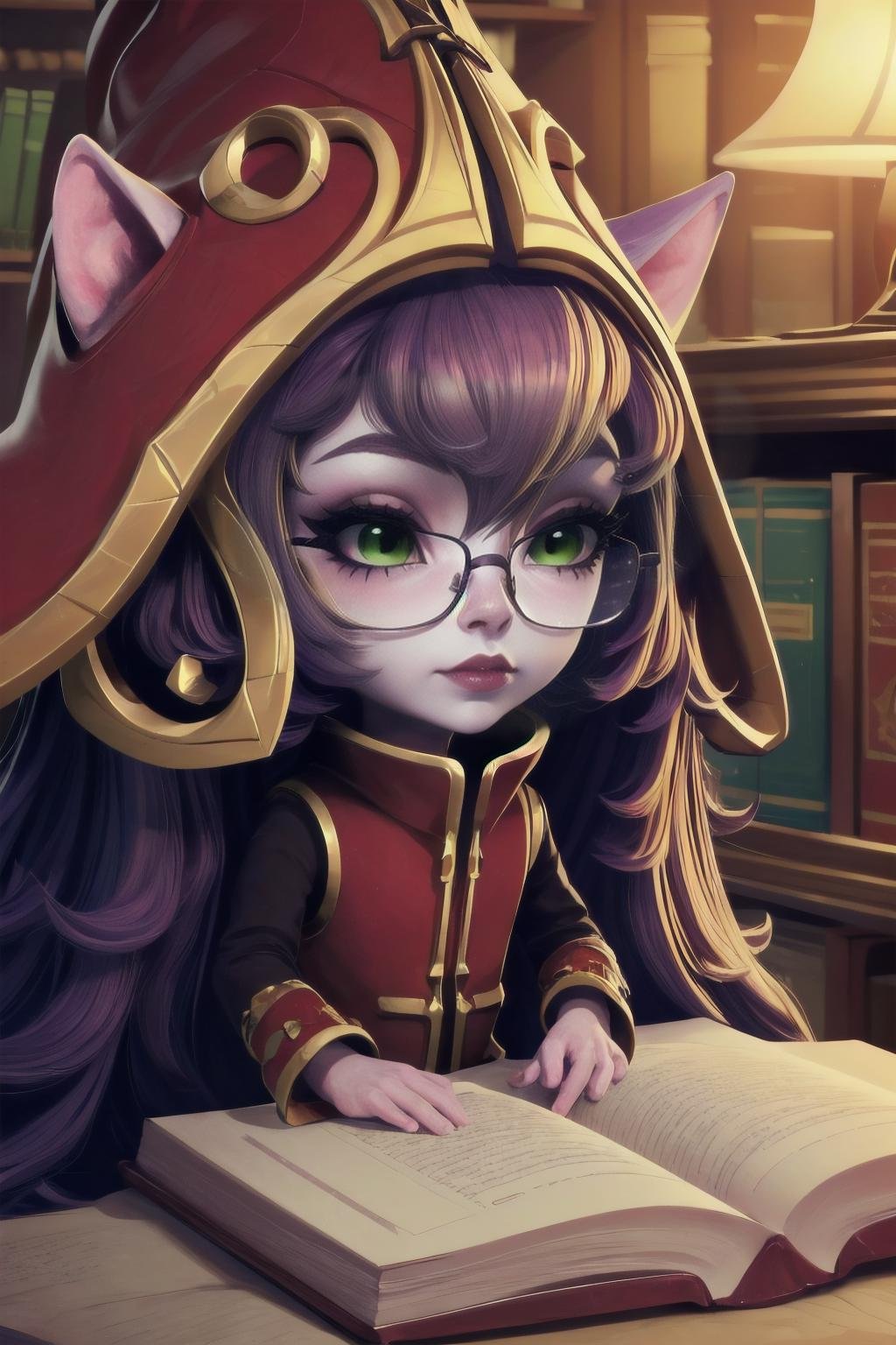 Highly detailed, High Quality, Masterpiece, beautiful,  <lora:Lulu-07:1>, Lulu, yordle, pixie,  library, book,  glasses, 