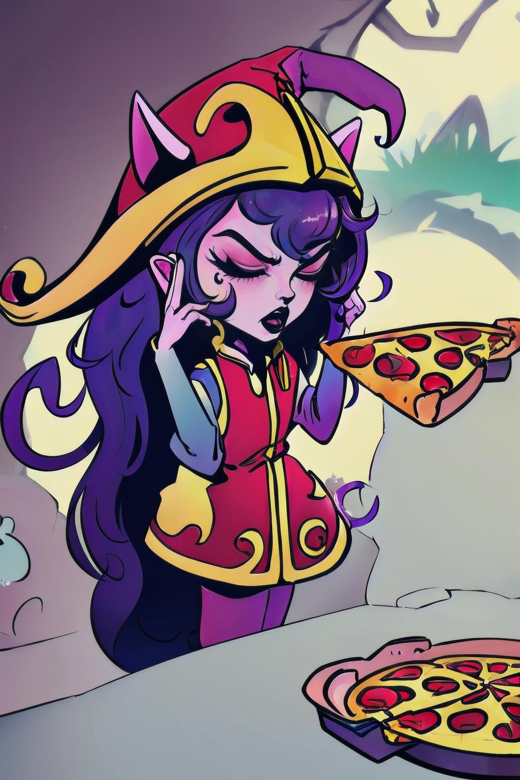 Highly detailed, High Quality, Masterpiece, beautiful,  <lora:Lulu-07:1>, Lulu, yordle, pixie,  <lora:ManLevitatingPizza:1>, ManLevitatingPizza