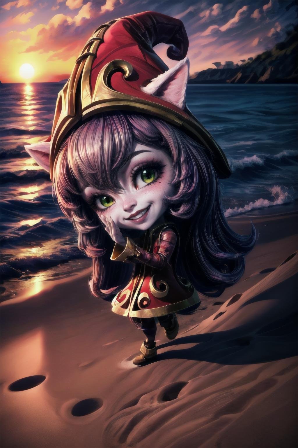 Highly detailed, High Quality, Masterpiece, beautiful, <lora:Lulu-07:1>, Lulu, full body, yordle,  <lora:more_details:1>, ocean, sunset, sand, smile, blush, happy, 