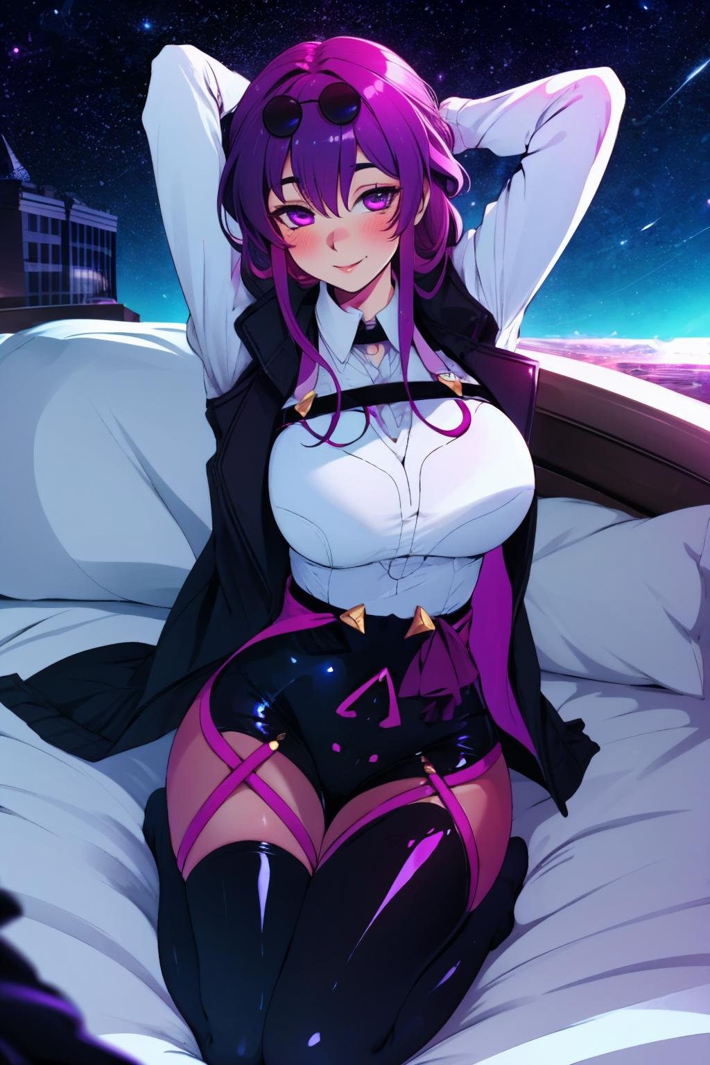 <lora:kafka-06:0.8>, Highly detailed, High Quality, Masterpiece, beautiful, kafkav1,  purple eyes, jacket, seiza, sitting, arms behind head, looking at viewer, glowing, glowing eyes, shiny, shiny skin, seductive smile, blush, outdoors, night, night sky, star (sky), sky, starry sky, thighhighs, black thighhighs, from side,  black jacket,  white shirt,  hotel, hotel room, 