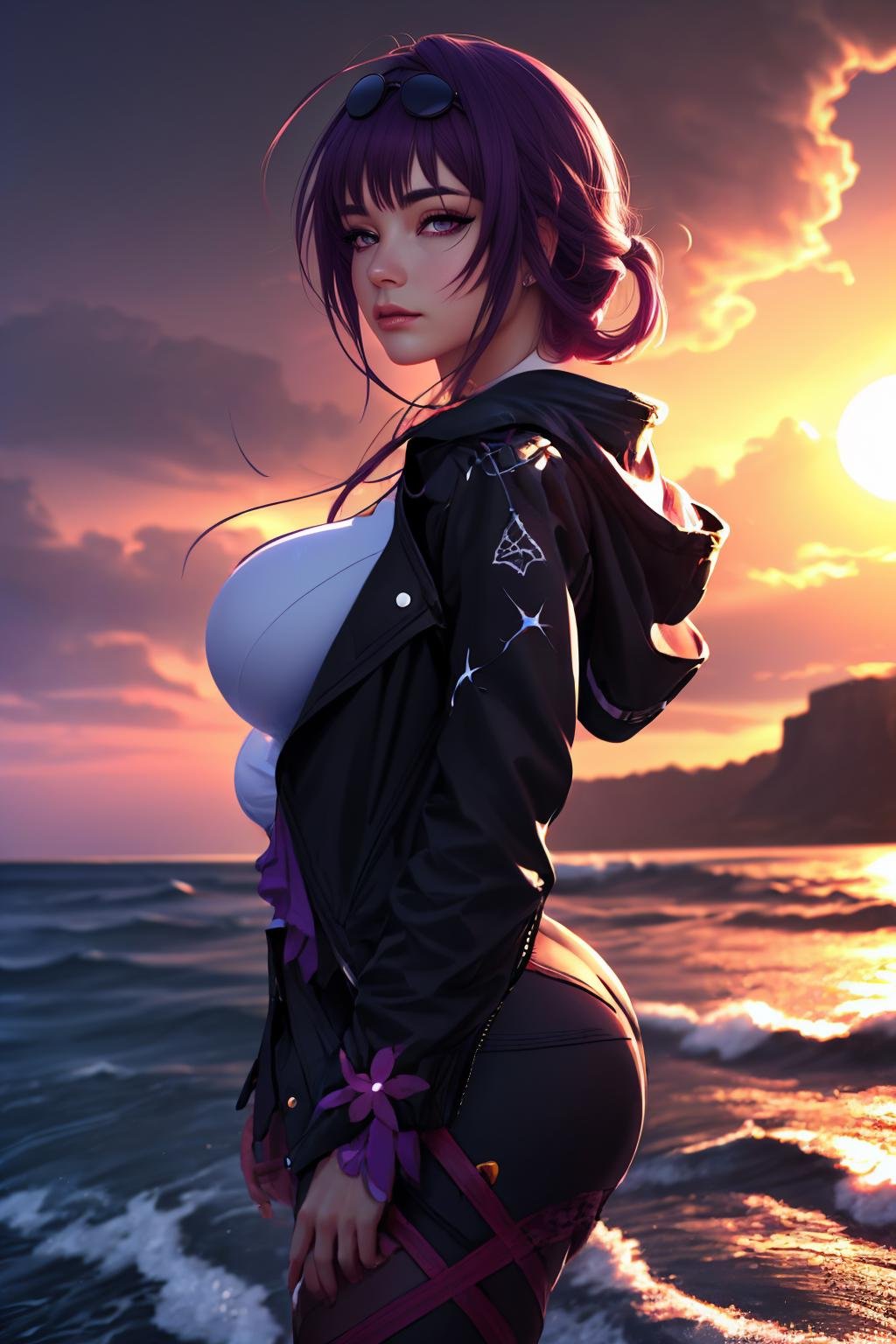 <lora:kafka-06:0.8>, Highly detailed, High Quality, Masterpiece, beautiful, kafkav1,  purple eyes, jacket, large breasts, cowboy shot, eye focus, sea, storm, dark atmosphere, sunset, volumetric lighting, best quality, masterpiece, chromatic aberration, realistic, blurry background