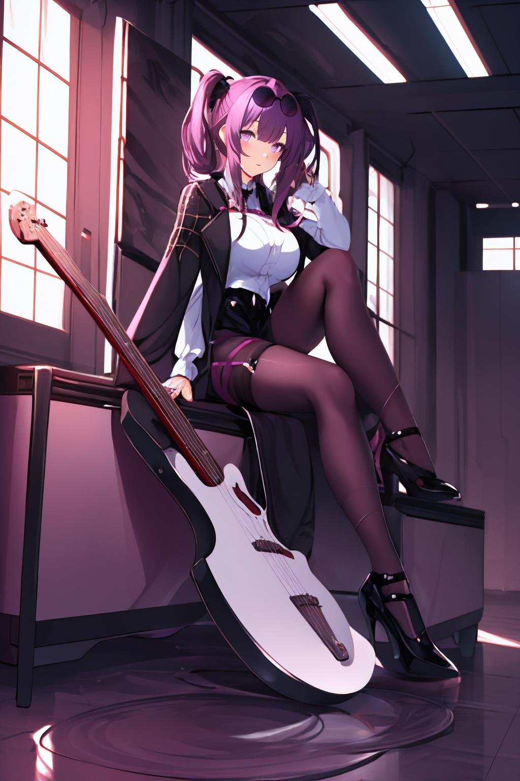 /<lora:kafka-06:0.8>, Highly detailed, High Quality, Masterpiece, beautiful, kafkav1,  purple eyes,  large breasts,   bangs, black footwear, high heels, instrument, letterboxed, long sleeves, sitting, solo, twintails, 