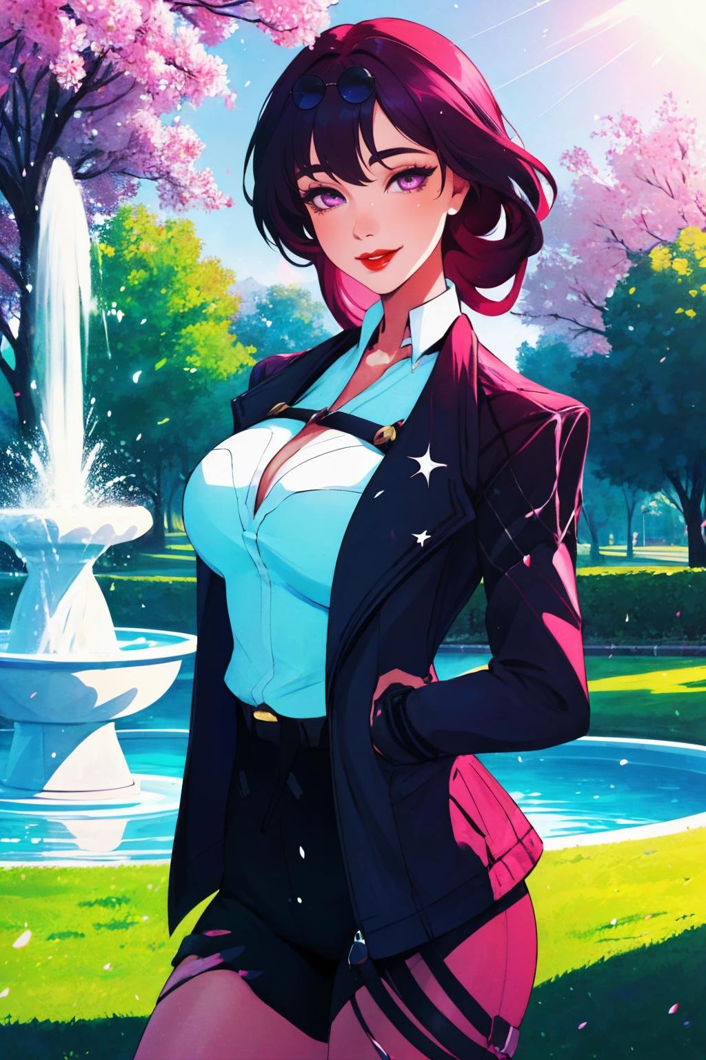 <lora:kafka-06:0.8>, Highly detailed, High Quality, Masterpiece, beautiful, kafkav1,  purple eyes, jacket, large breasts, bright scene, sunlight, cowboy shot of beautiful lady, red lips, summer day, smiling, park, fountain, particles, tree