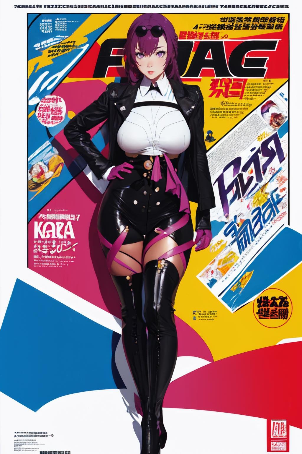 <lora:kafka-06:0.8>, Highly detailed, High Quality, Masterpiece, beautiful, kafkav1,  purple eyes, large breasts,  jacket, poster, pop art, magazine cover, red background, standing pose, hands on hips, , text, magazine, japanese text, chinese text, korean tex