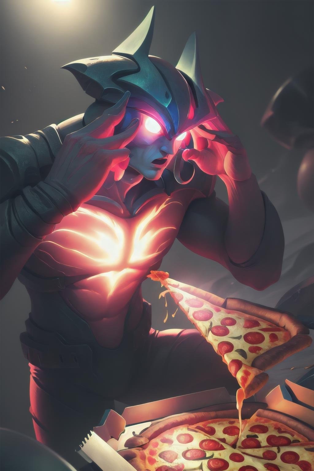 Highly detailed, High Quality, Masterpiece, beautiful, <lora:Aatrox-03:1.0> GodKing, glowing eyes, 1boy, solo, <lora:ManLevitatingPizza:1>, ManLevitatingPizza