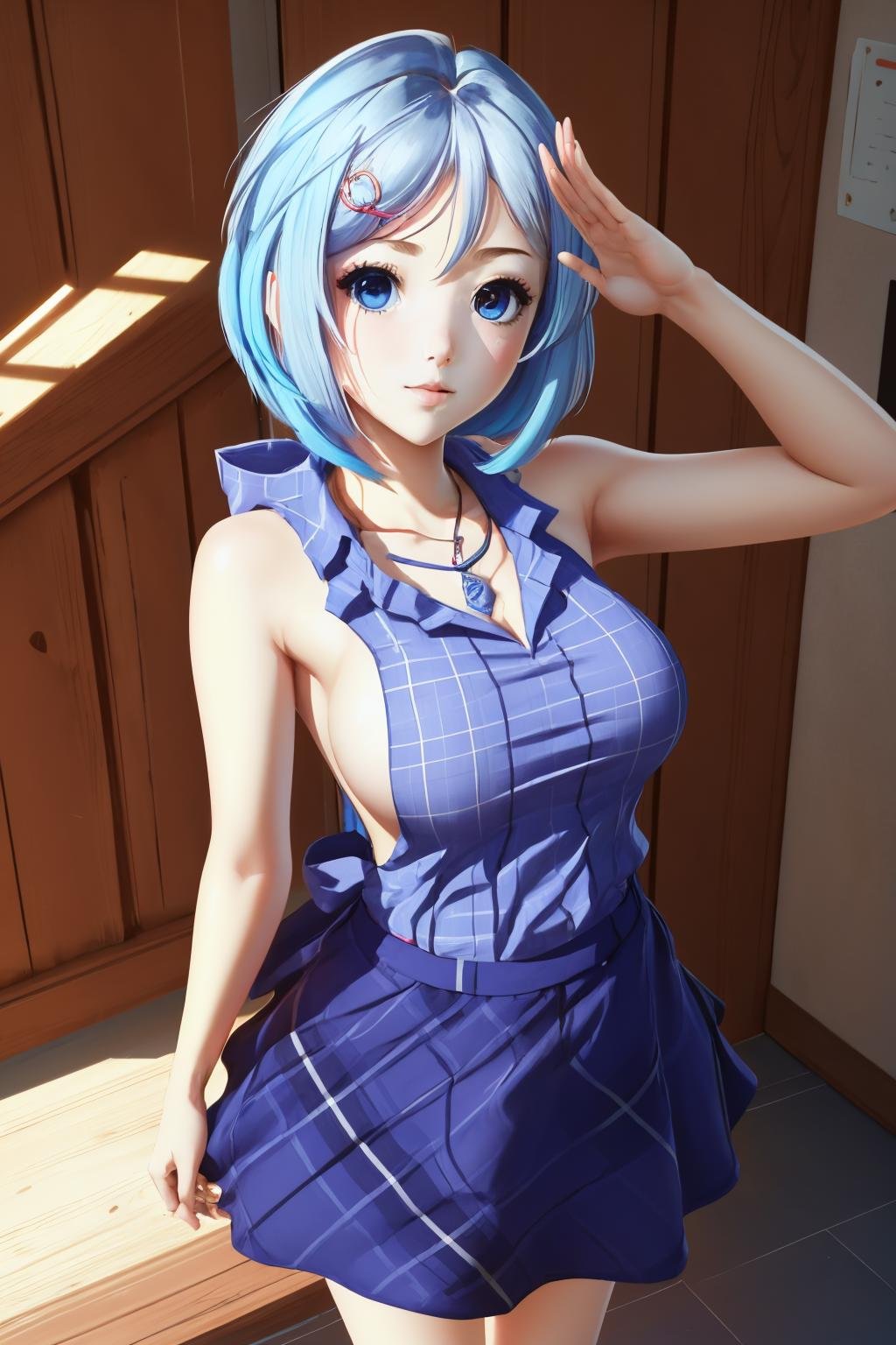 Highly detailed, High Quality, Masterpiece, beautiful,  1girl, solo, full body, <lora:Salute-10:0.8>, salute,, <lora:vtuber_siro:1>, vtsiro, antenna hair, hair ornament, Highly detailed, High Quality, Masterpiece, beautiful, sleeveless shirt, sideboob, blue skirt, plaid skirt