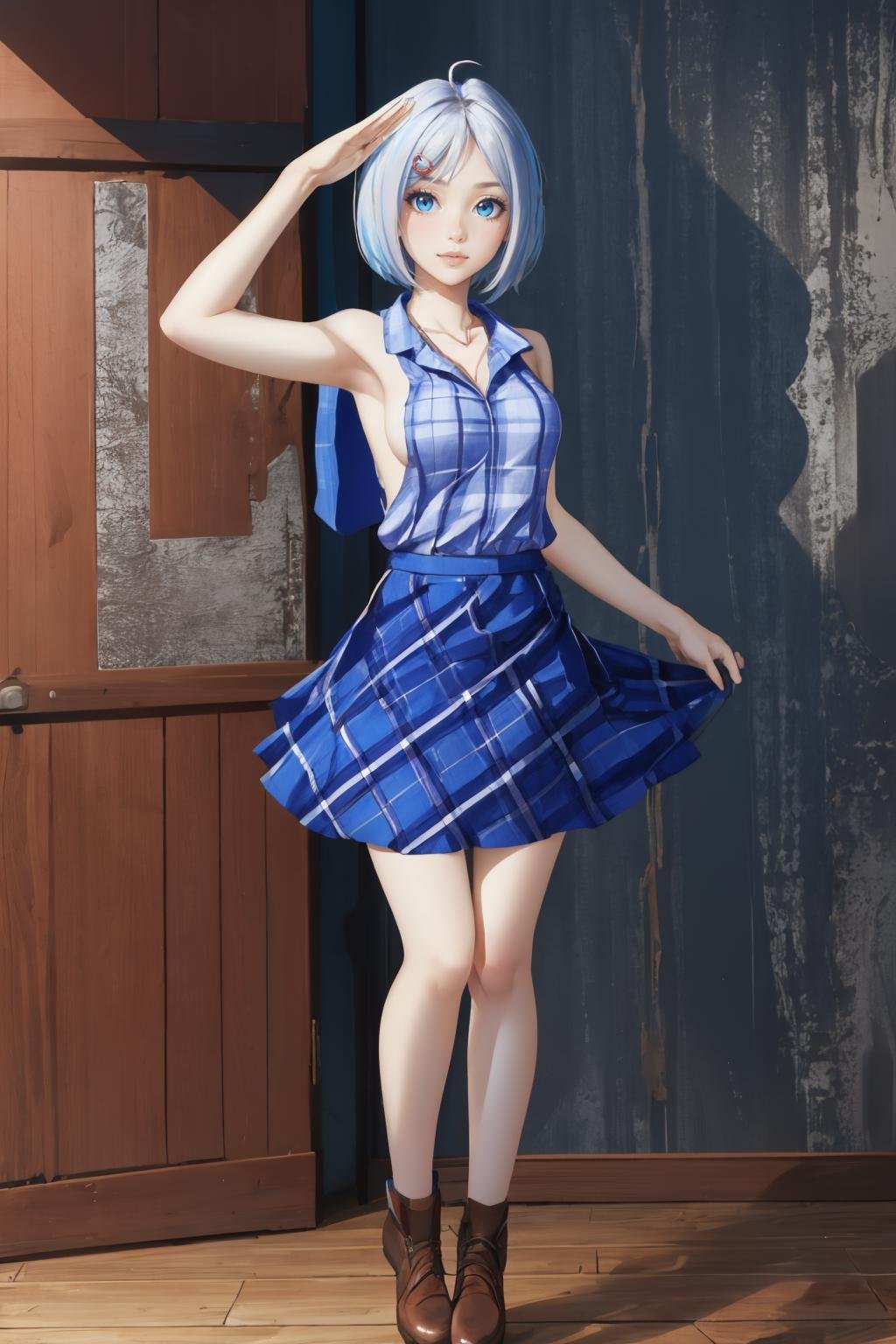 Highly detailed, High Quality, Masterpiece, beautiful,  1girl, solo, full body, <lora:vtuber_siro:1>, vtsiro, antenna hair, hair ornament,  sleeveless shirt, sideboob, blue skirt, plaid skirt