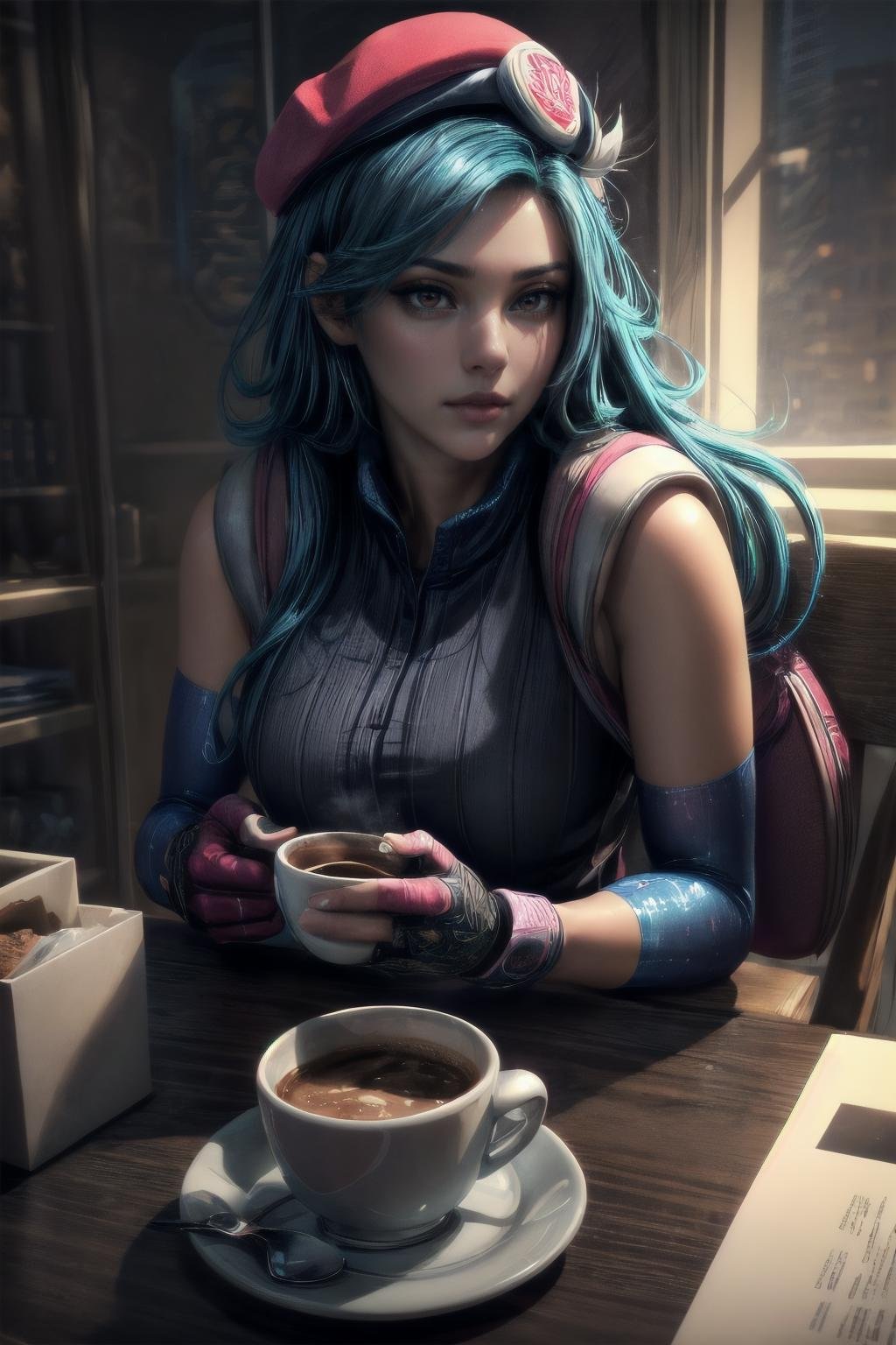 Highly detailed, High Quality, Masterpiece, beautiful,  <lora:more_details:1>, <lora:ArcadeCaitlyn-10:0.7>, ArcadeCaitlyn, siting and drining couple of coffee cup  intimate in sculpture, perfect symmetry, dim volumetric lighting, 8k octane beautifully detailed render, post-processing, portrait, extremely hyper-detailed, intricate, epic composition, brown eyes, cinematic lighting + masterpiece, trending on artstation, very detailed, masterpiece, stunning