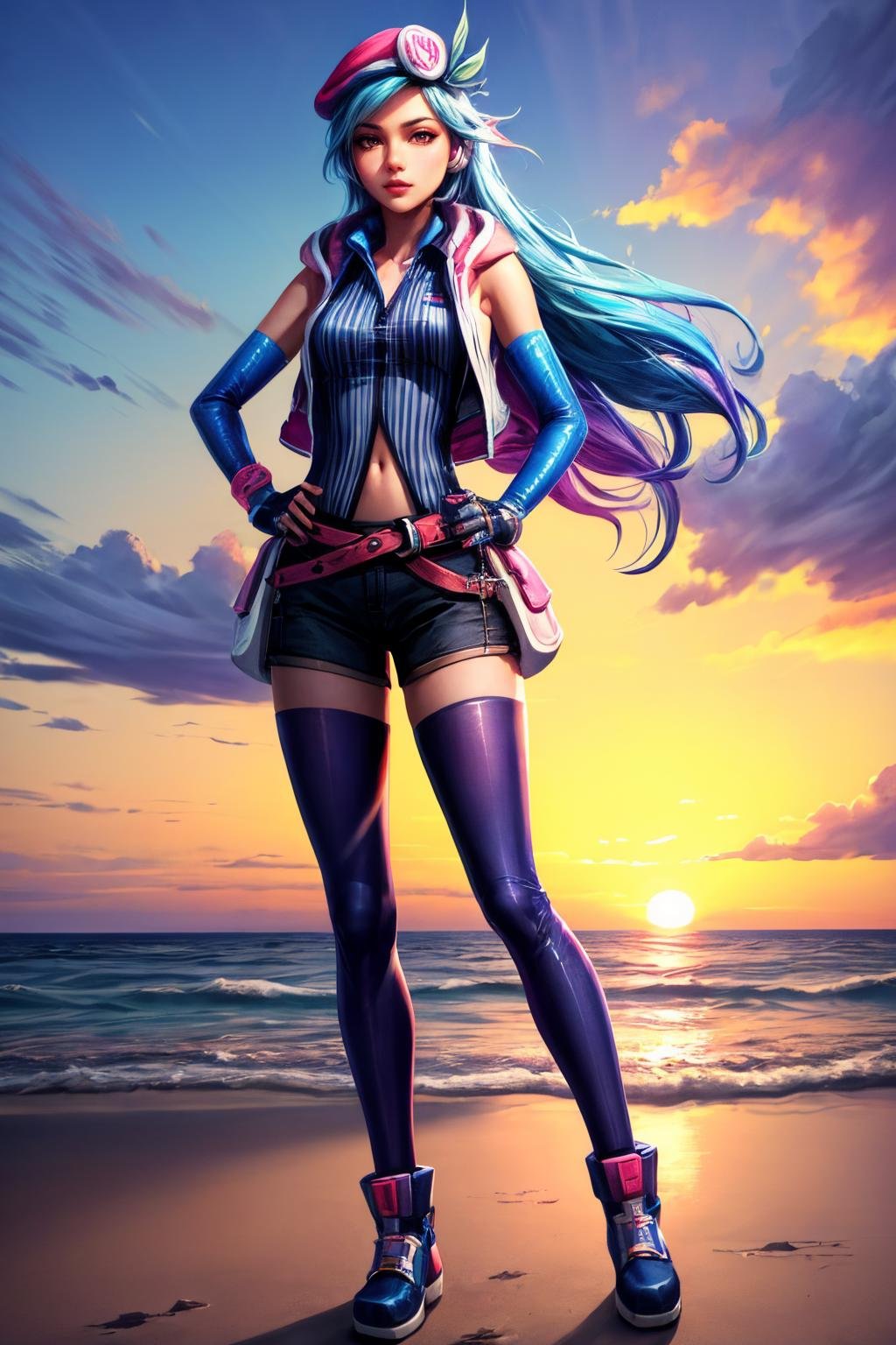 Highly detailed, High Quality, Masterpiece, beautiful,  <lora:more_details:1>, <lora:ArcadeCaitlyn-10:0.7>, ArcadeCaitlyn, hand on hip, full body, ocean, sunset, beach, 