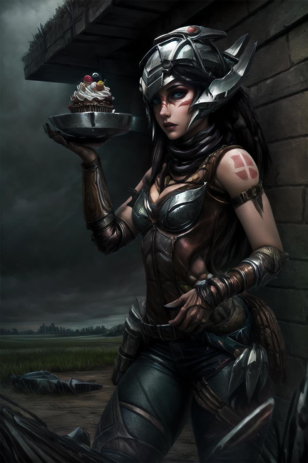 Highly detailed, High Quality, Masterpiece, beautiful,  <lora:more_details:1>, <lora:HeadhunterCaitlyn-10:1>, HeadhunterCaitlyn, postapocalyptic, landscape, holding food, cupcake, ( <lora:GoodHands-vanilla:1>:1.5)