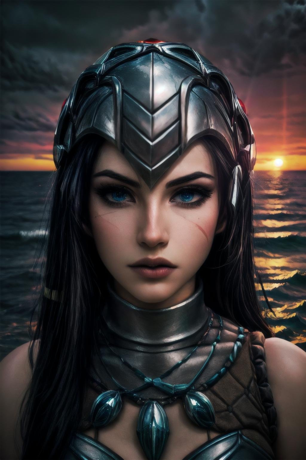 Highly detailed, High Quality, Masterpiece, beautiful,  <lora:more_details:1>, <lora:HeadhunterCaitlyn-10:1>, HeadhunterCaitlyn, eye focus, sea, storm, dark atmosphere, sunset, volumetric lighting, best quality, masterpiece, chromatic aberration, realistic, blurry background