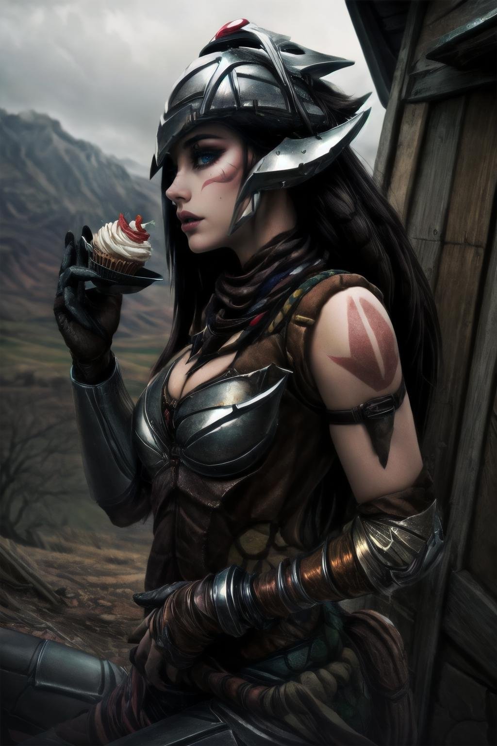 Highly detailed, High Quality, Masterpiece, beautiful,  <lora:more_details:1>, <lora:HeadhunterCaitlyn-10:1>, HeadhunterCaitlyn, postapocalyptic, landscape, holding food, cupcake, ( <lora:GoodHands-vanilla:1>:1.5)