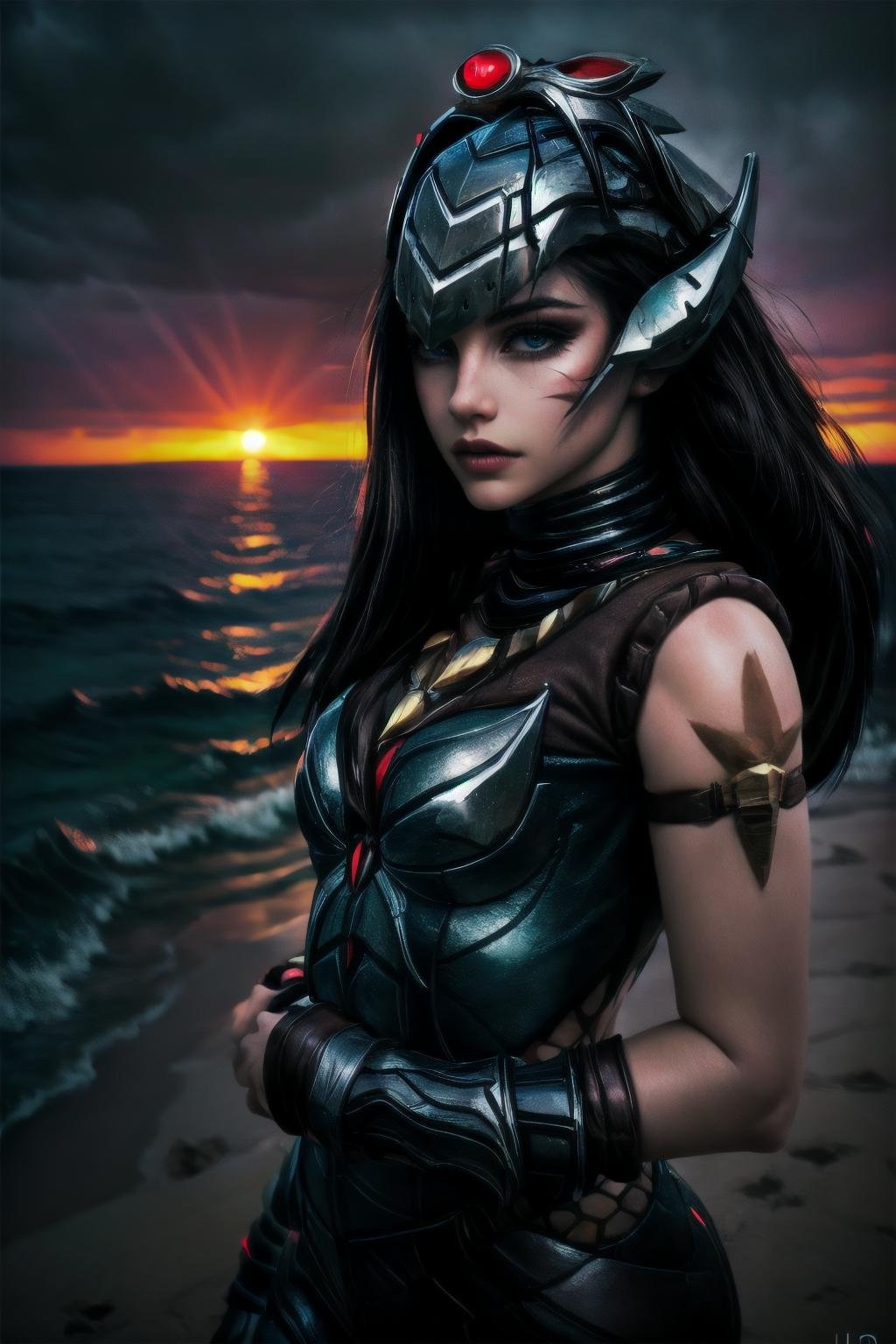 Highly detailed, High Quality, Masterpiece, beautiful,  <lora:more_details:1>, <lora:HeadhunterCaitlyn-10:1>, HeadhunterCaitlyn, eye focus, sea, storm, dark atmosphere, sunset, volumetric lighting, best quality, masterpiece, chromatic aberration, realistic, blurry background