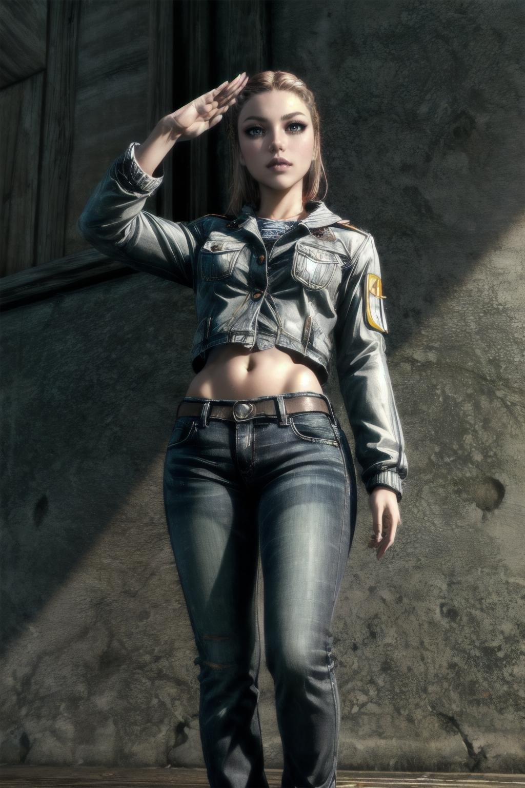 Highly detailed, High Quality, Masterpiece, beautiful,  <lora:more_details:1>, 1girl, solo, looking at viewer,  <lora:Uthgerd-10:0.7>, Uth, <lora:Salute-10:0.8>, salute, full body, jeans, grey jacket, from below,  open jacket, 