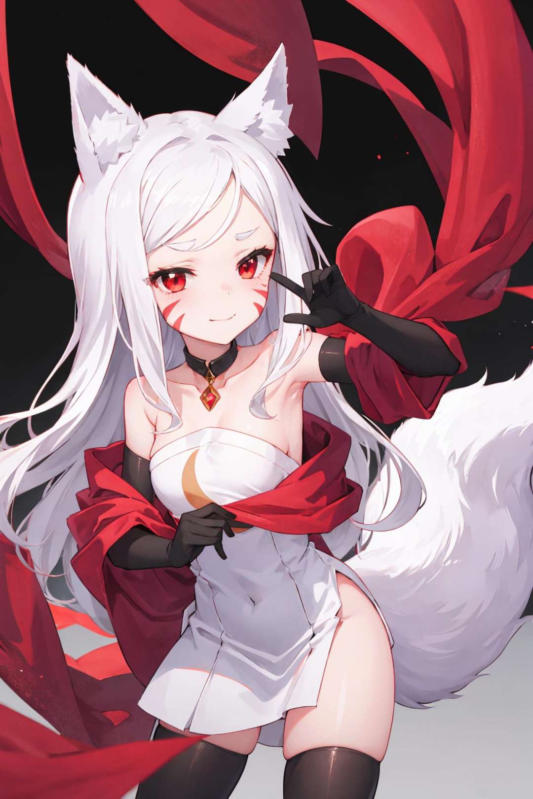 Masterpiece, best quality, perfect lighting, 1girl, solo, shiro, fox ears, fox tail, white hair, red eyes, red cheek stripes, long white dress, neck collar, red scarf, shoulder gloves, black thighhighs, smug, <lora:Shiro:0.6>