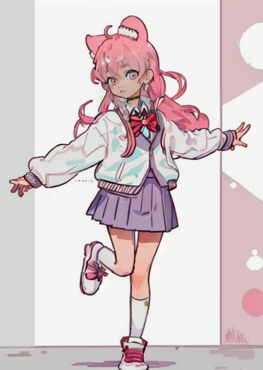 1girl,  <lora:simplecute:0.8>,simplecute,pink hair, full body,dancing, school uniform, 