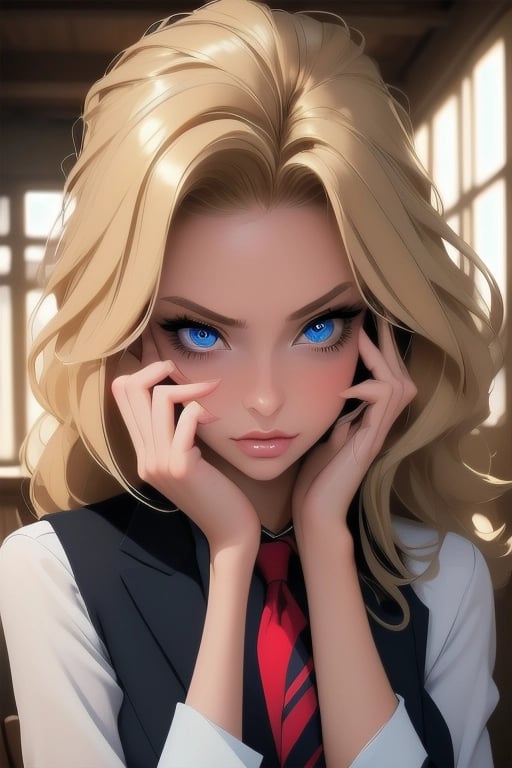 masterpiece, best quality,  1girl,  <lora:big_hair-1.0:1> big hair , blonde hair, blue eyes, long eyelashes,  indoors, necktie, wristwatch,  hands on own face,